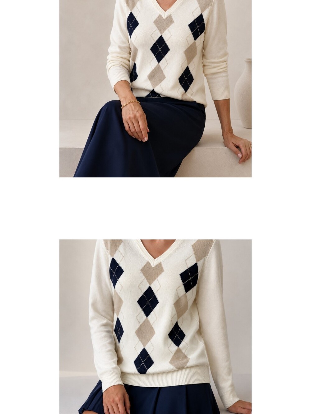 IZOD Golf Chic Women’s Argyle V-Neck Cotton Sweater Size Large NWT Preppy
